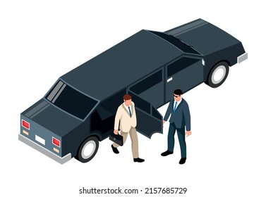 Isometric Money Rich Man Shopping Composition With Isolated Character Of Rich Person And Limo Vector Illustration