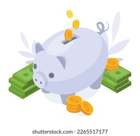 Isometric money saving. Collecting dollar banknotes and gold coins to piggy bank, economy and savings 3d illustration