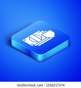 Isometric Money with shield icon isolated on blue background. Insurance concept. Security, safety, protection, protect concept. Blue square button. Vector Illustration