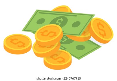 Isometric money stack. Cash dollars banknote and gold coins, money wealth concept 3d vector illustration isolated on white background