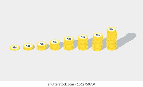 Isometric money stack. Vector money pile with golden dollar coin. Set of isometric money coins.