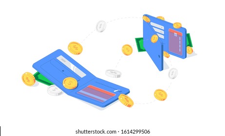 Isometric money transfer between wallets. Vector illustration of flying gold and silver coins, banknotes, cards and purse isolated on white background. Capital flow. Flat cash of transfer, investment