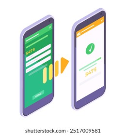 Transferência de dinheiro isométrica. Transação de pagamento móvel, transferência de dinheiro da internet na tela do smartphone 3d vetor ilustração. Transação de dinheiro online
