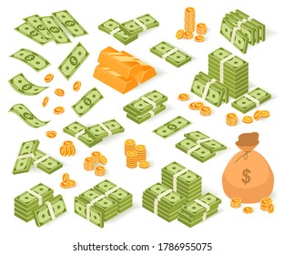 Isometric money vector illustration set. Cartoon collection of paper dollar banknotes, coin bag, gold bar money stack or pile. Cash currency investment capital, money treasure icons isolated on white