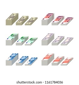 Isometric money - vector set of major world currencies - US dollar, British pound, Euro, Japanese yen, Swiss franc and Rusiian Rouble. 