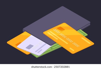 Isometric money wallet. Purse with credit cards and cash dollar bills, bank cards and dollars banknote 3D vector illustration. Money purse on dark background