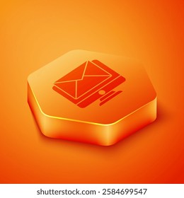 Isometric Monitor and envelope, new message, mail icon isolated on orange background. Usage for e-mail newsletters, headers, blog posts. Orange hexagon button. Vector Illustration