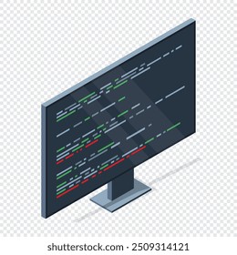 Isometric monitor with program code on screen. Programming concept. Web development. Vector illustration