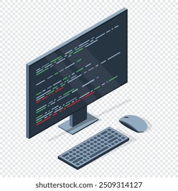 Isometrischer Monitor mit Programmcode auf dem Bildschirm. Computerprogrammierung mit Tastatur und Maus. Programmierkonzept. Webentwicklung