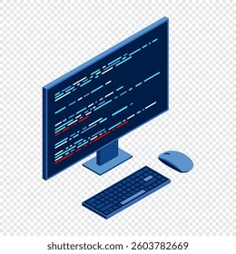 Isometric monitor with program code on screen. Computer programming with keyboard and mouse. Programming concept. Web development. Isometric technology