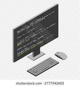 Isometric monitor with program code on screen. Computer programming with keyboard and mouse. Programming concept. Web development