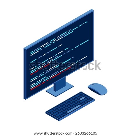 Isometric monitor with program code on screen. Computer programming with keyboard and mouse. Programming concept. Web development. Isometric technology