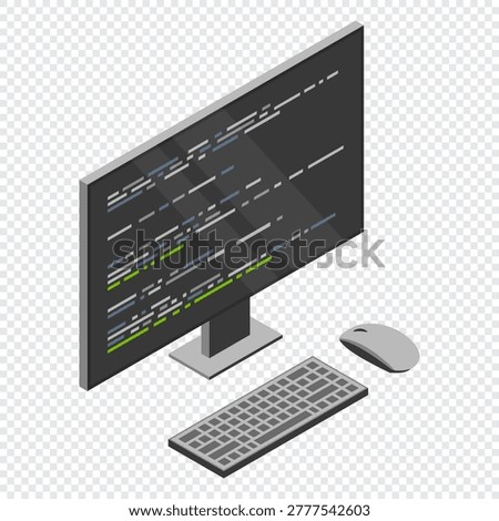 Isometric monitor with program code on screen. Computer programming with keyboard and mouse. Programming concept. Web development