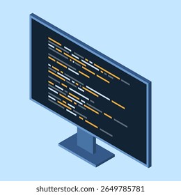 Isometric monitor. Software programming coding concept. Code on computer monitor. Isometric technology. Vector illustration
