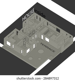 Isometric monochrome illustration of the house inside. Interior of a modern house.