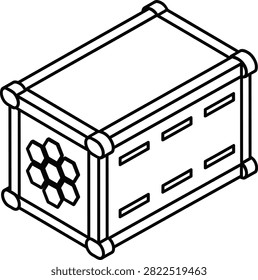 Isometric Monoline Line Art of a Bee Transport Crate Featuring Honeycomb Pattern and Ventilation Slots on White Background