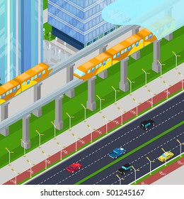Isometric Monorail Railway Train in Modern City with Skyscrapers. Vector 3d flat illustration