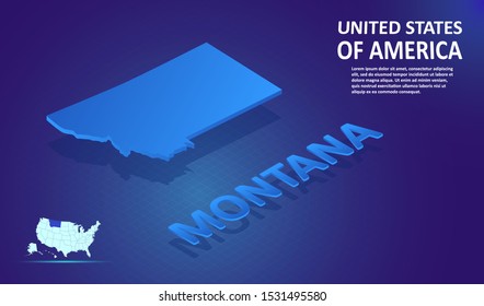 Isometric MONTANA State map on blue and glowing background. 3D Detailed Map in perspective with place for your text or description.Technology Information Graphic Elements for Website, app, UI, Travel