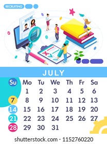 Isometric month July from set calendar of 2019. Staff search, recruiting. Concept creating a business strategy. Isometric people on a white background.
