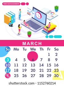 Isometric month March from set calendar of 2019. Time management banner. Concept creating a business strategy. Isometric people on a white background.