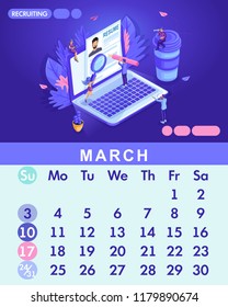 Isometric month March from set calendar of 2019. Small people look at the resume together, looking for work, recruiting. Recruiting employees search for applicants.