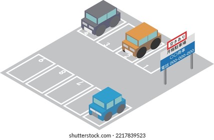 Isometric monthly parking lot.
translation：Available, monthly parking lot, 〇〇 commercial, telephone 〇〇〇ー〇〇〇ー〇〇〇