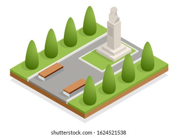 Isometric monument in the city park, bust of the commander. Historical and cultural attraction. History of war.