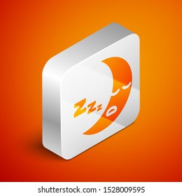 Isometric Moon icon isolated on orange background. Cloudy night sign. Sleep dreams symbol. Night or bed time sign. Silver square button. Vector Illustration