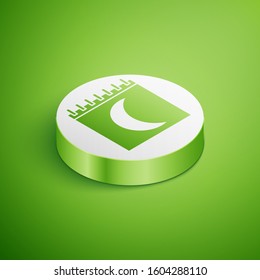 Isometric Moon phases calendar icon isolated on green background. White circle button. Vector Illustration