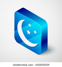 Isometric Moon and stars icon isolated on white background. Blue square button. Vector Illustration
