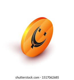 Isometric Moon and stars icon isolated on white background. Orange circle button. Vector Illustration