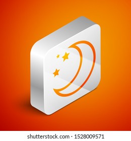 Isometric Moon and stars icon isolated on orange background. Silver square button. Vector Illustration
