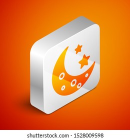 Isometric Moon and stars icon isolated on orange background. Silver square button. Vector Illustration