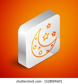 Isometric Moon and stars icon isolated on orange background. Silver square button. Vector Illustration