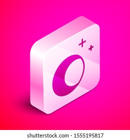 Isometric Moon and stars icon isolated on pink background. Silver square button. Vector Illustration
