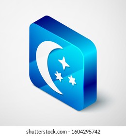 Isometric Moon and stars icon isolated on white background. Blue square button. Vector Illustration