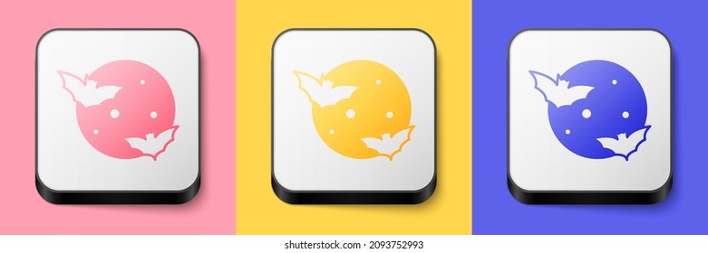 Isometric Moon and stars icon isolated on pink, yellow and blue background. Cloudy night sign. Sleep dreams symbol. Full moon. Night or bed time sign. Square button. Vector