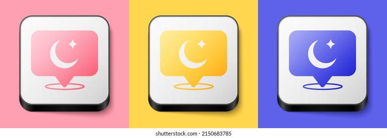 Isometric Moon and stars icon isolated on pink, yellow and blue background. Cloudy night sign. Sleep dreams symbol. Full moon. Night or bed time sign. Square button. Vector
