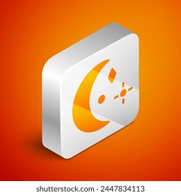 Isometric Moon and stars icon isolated on orange background. Cloudy night sign. Sleep dreams symbol. Night or bed time sign. Silver square button. Vector Illustration