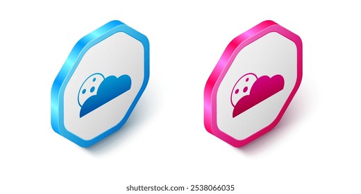 Isometric Moon and stars icon isolated on white background. Cloudy night sign. Sleep dreams symbol. Full moon. Night or bed time sign. Hexagon button. Vector
