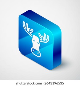 Isometric Moose head with horns icon isolated on grey background. Blue square button. Vector