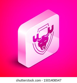 Isometric Moose head on shield icon isolated on pink background. Hunting trophy on wall. Silver square button. Vector Illustration Isometric Moose head on shield icon isolated on pink background. Hunting trophy on wall. Silver square button. Vector Illustration