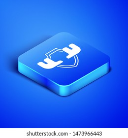 Isometric Moose horns on shield icon isolated on blue background. Hunting trophy on wall. Blue square button. Vector Illustration