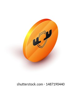 Isometric Moose horns on shield icon isolated on white background. Hunting trophy on wall. Orange circle button. Vector Illustration