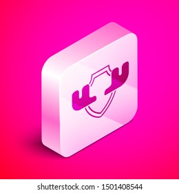 Isometric Moose horns on shield icon isolated on pink background. Hunting trophy on wall. Silver square button. Vector Illustration