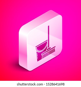 Isometric Mop and bucket icon isolated on pink background. Cleaning service concept. Silver square button. Vector Illustration