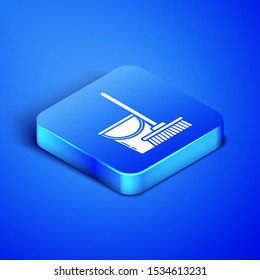 Isometric Mop and bucket icon isolated on blue background. Cleaning service concept. Blue square button. Vector Illustration