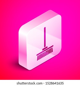 Isometric Mop icon isolated on pink background. Cleaning service concept. Silver square button. Vector Illustration