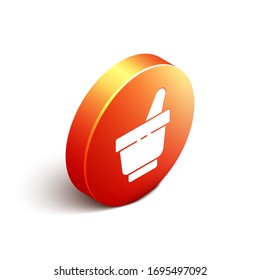 Isometric Mortar and pestle icon isolated on white background. Orange circle button. Vector Illustration