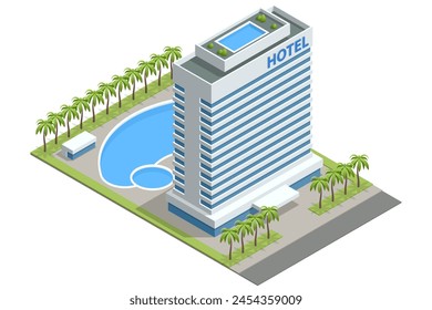 Isometric motel or hotel building. Modern hotel or motel building with parking and swimming pool People booking hotel and search reservation for holiday.